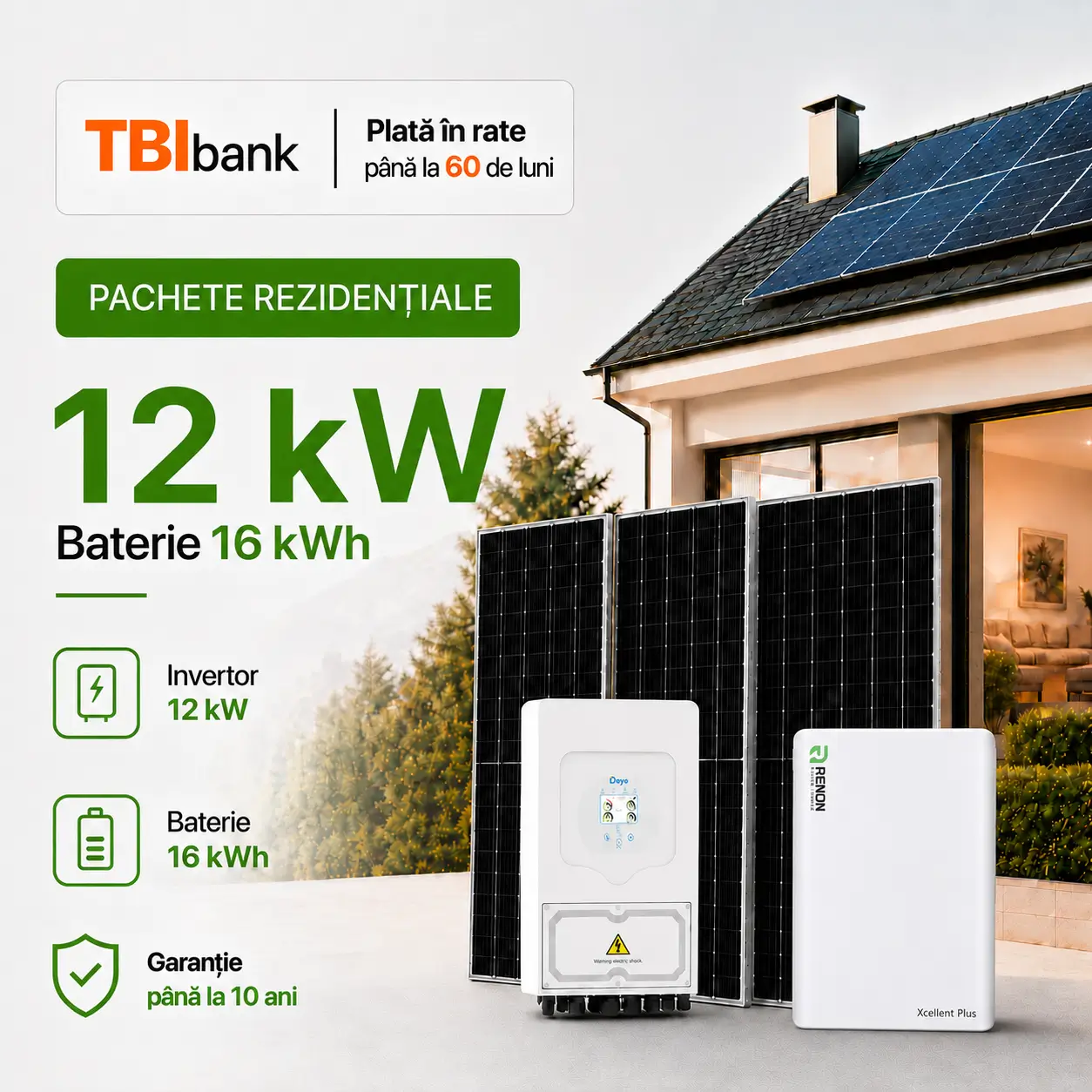 Sistem fotovoltaic 12 kW cu baterie 16 kWh Renon și invertor Deye - trifazat