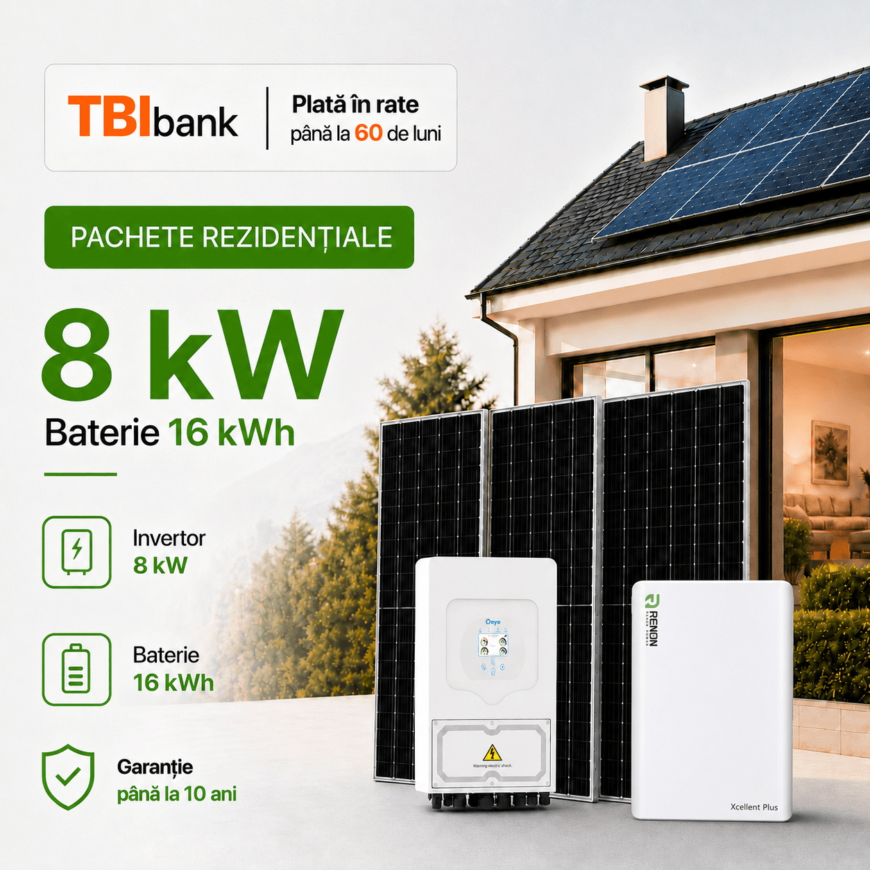 Sistem fotovoltaic 8 kW cu baterie 16 kWh Renon și invertor Deye - monofazat