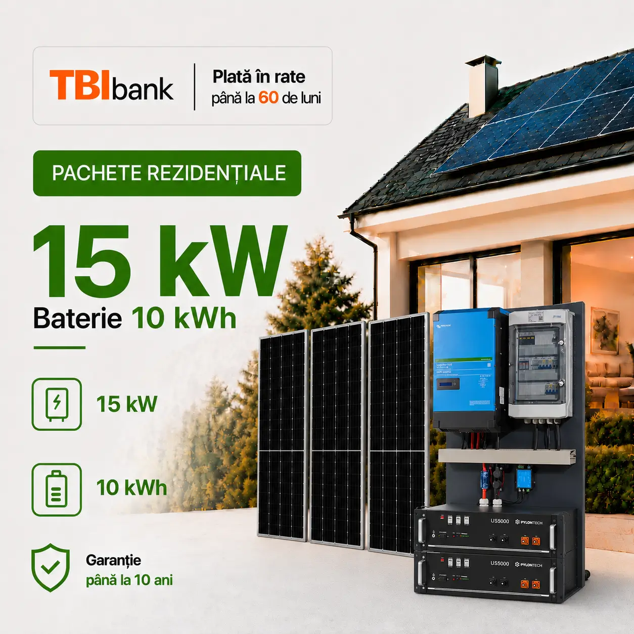 Sistem fotovoltaic 15 kW cu baterie 10 kWh și invertor Victron Energy - trifazat